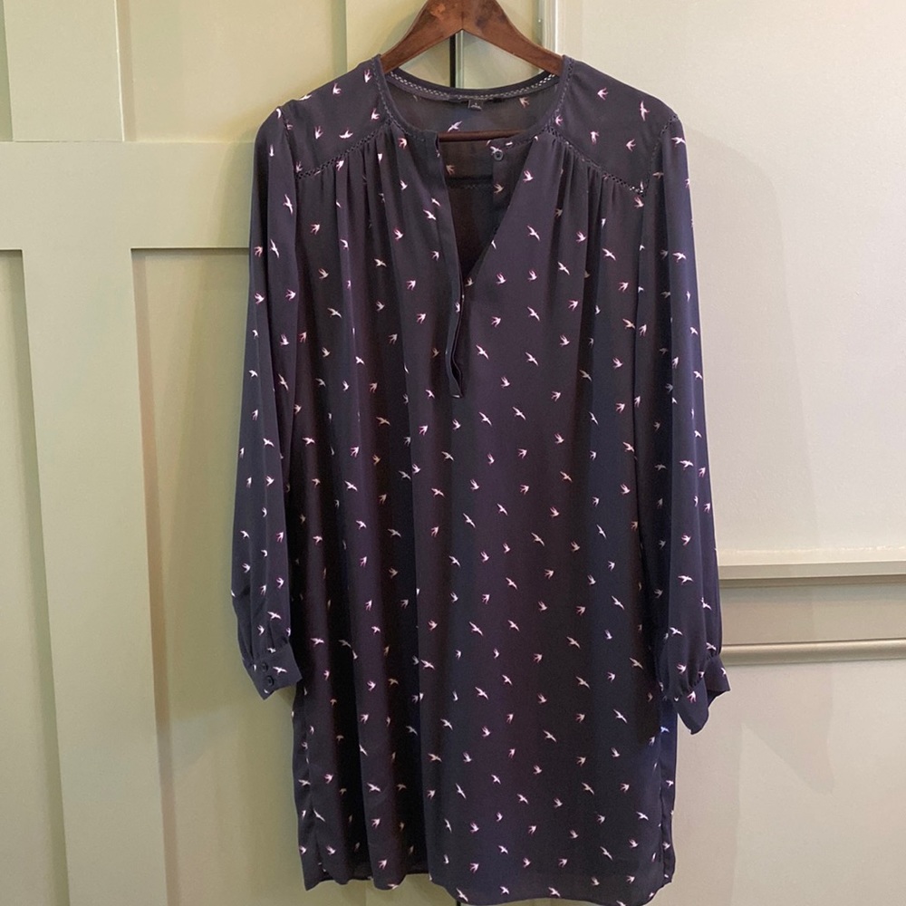 Banana Republic charcoal gray dress with cream and magenta bird pattern.